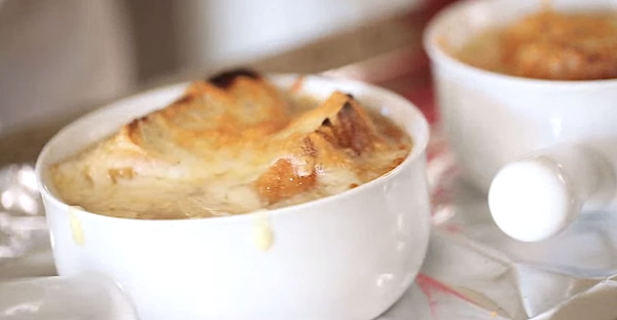 Cheesy Top of French Onion Soup Bowl