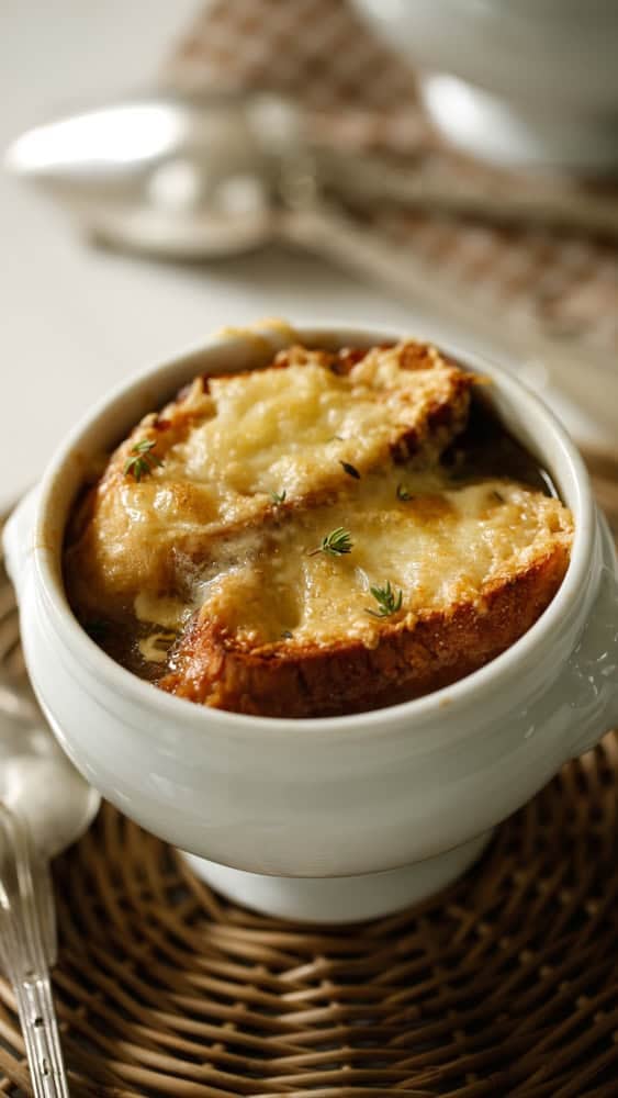 French Onion Soup in a White Bowl with bubbly cheese and toasted bread