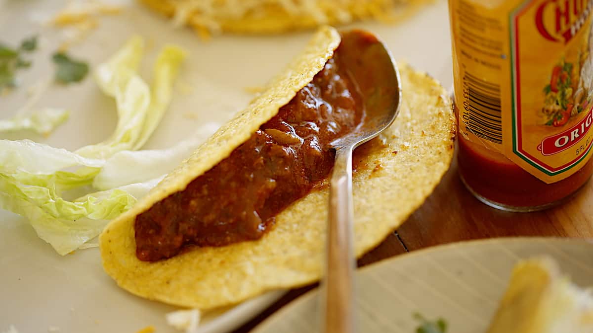 Crispy Corn Taco filled with Ground beef taco mixture