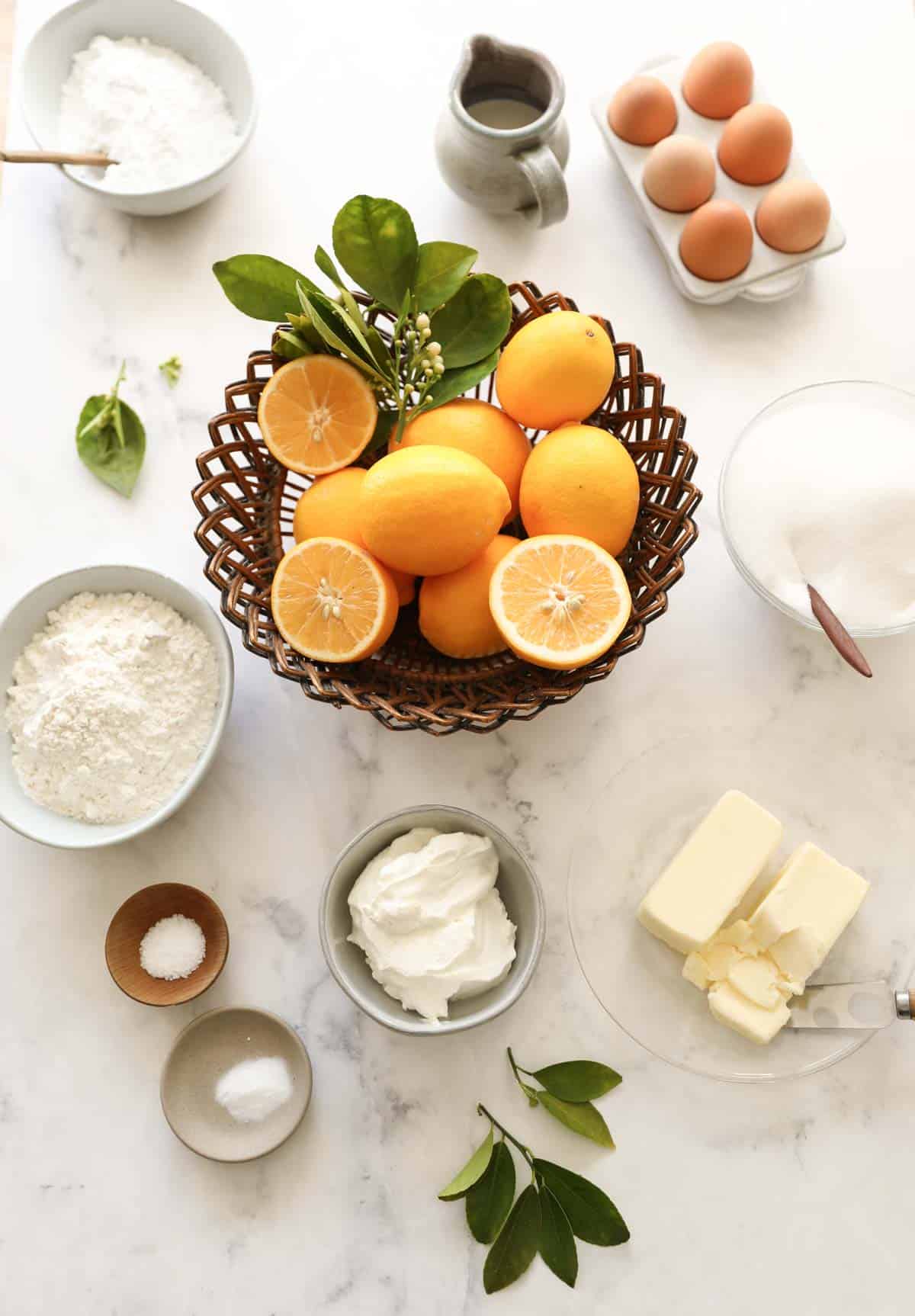 Ingredients for a cake laid out on a counter