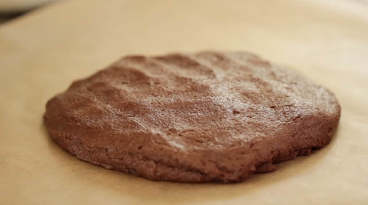 a flattened disk of chocolate cookie dough