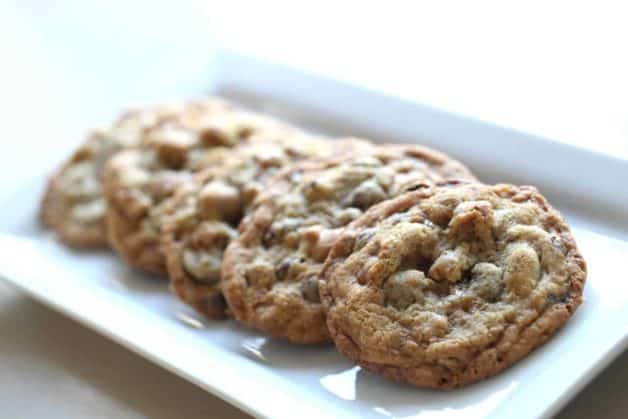 Chocolate Chip Cookies on white rectangular platter