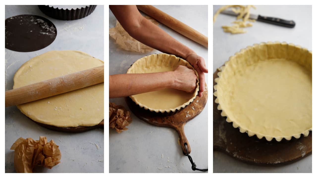 Quiche dough being fitted into a tart with