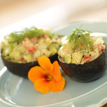 Avocado Shells filled with Avocado Shrimp Salad and topped with fresh dill