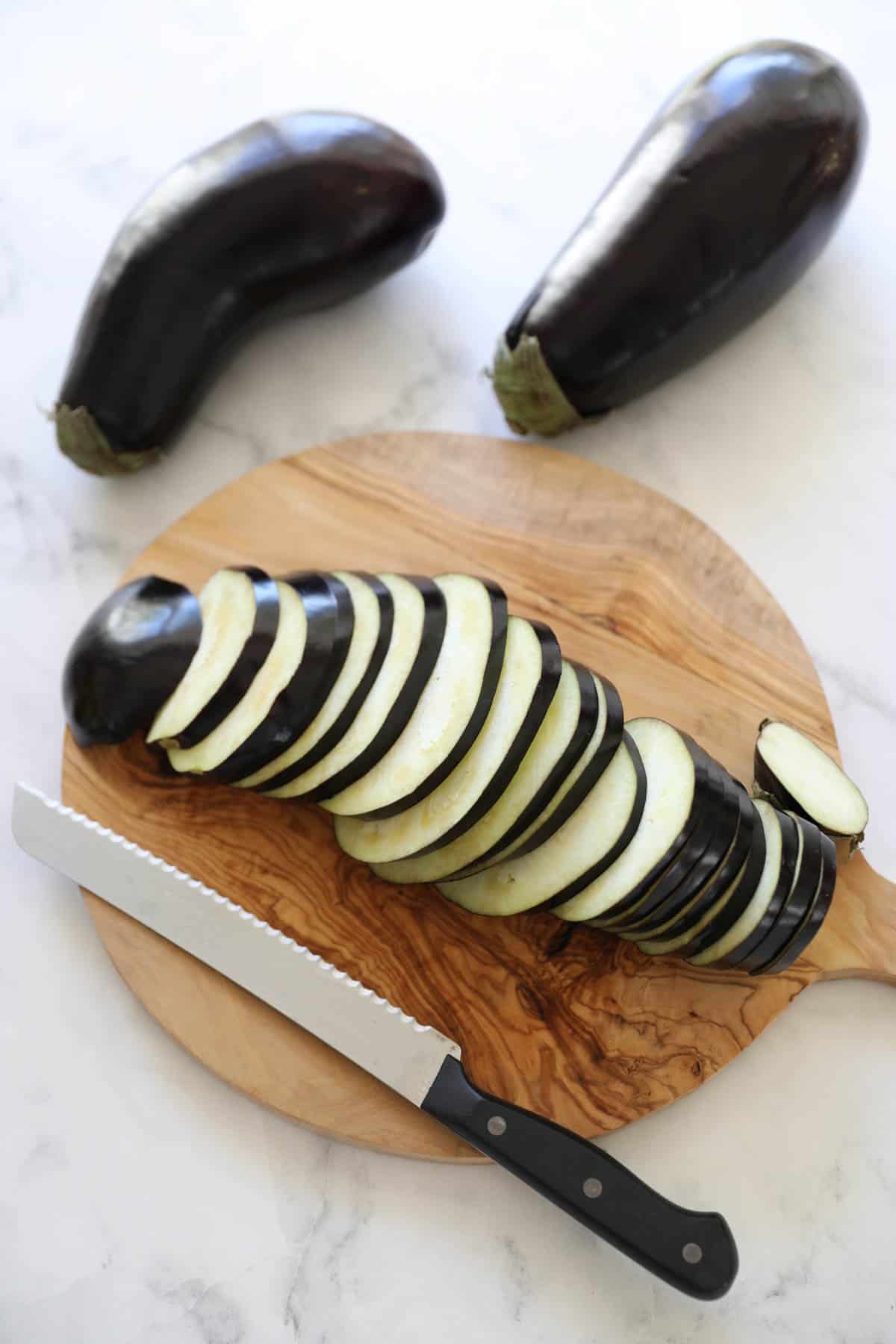 sliced eggplant on a cutting board