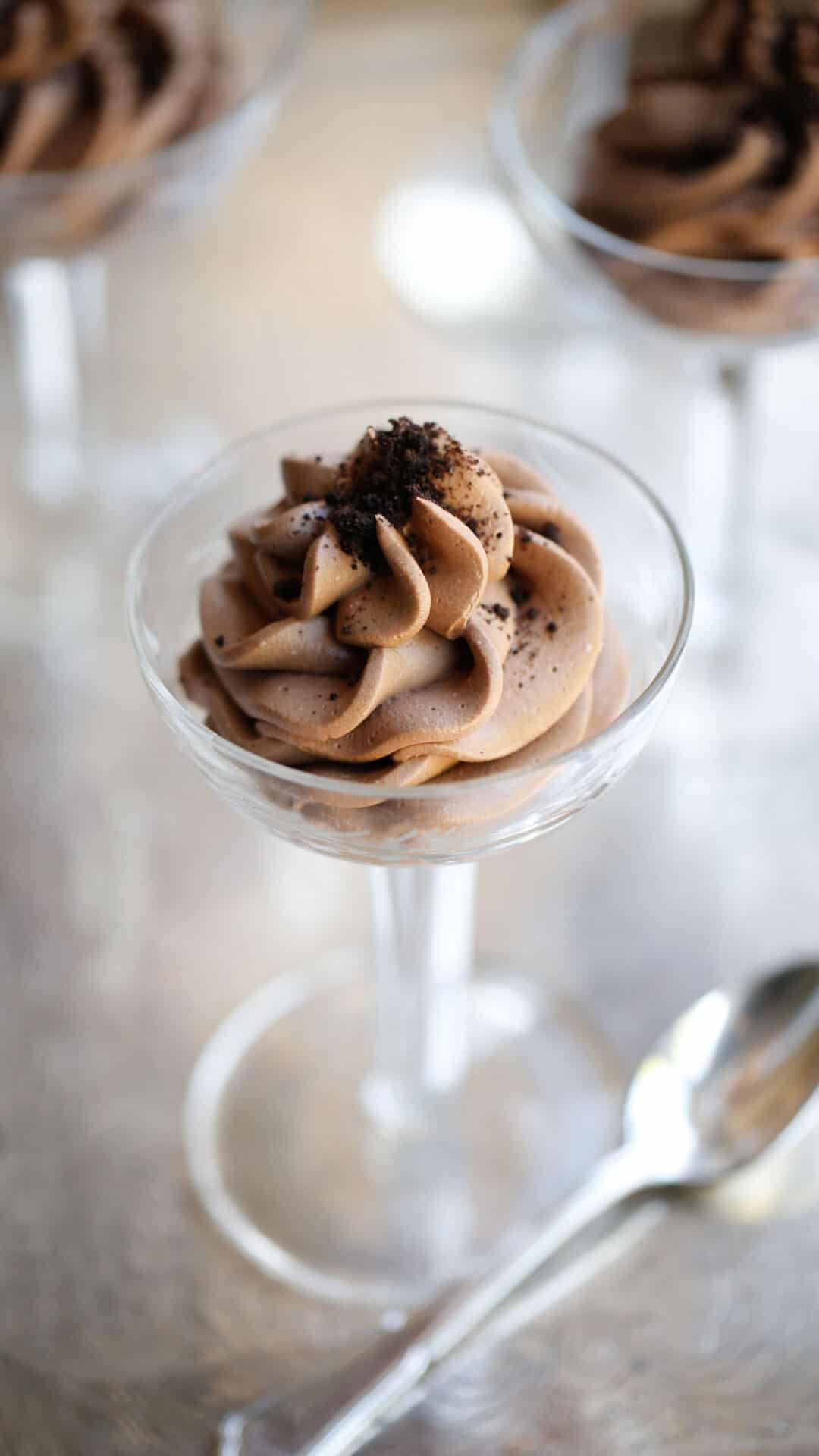 Eggless Chocolate Mousse Pipped into a Champagne Coupe