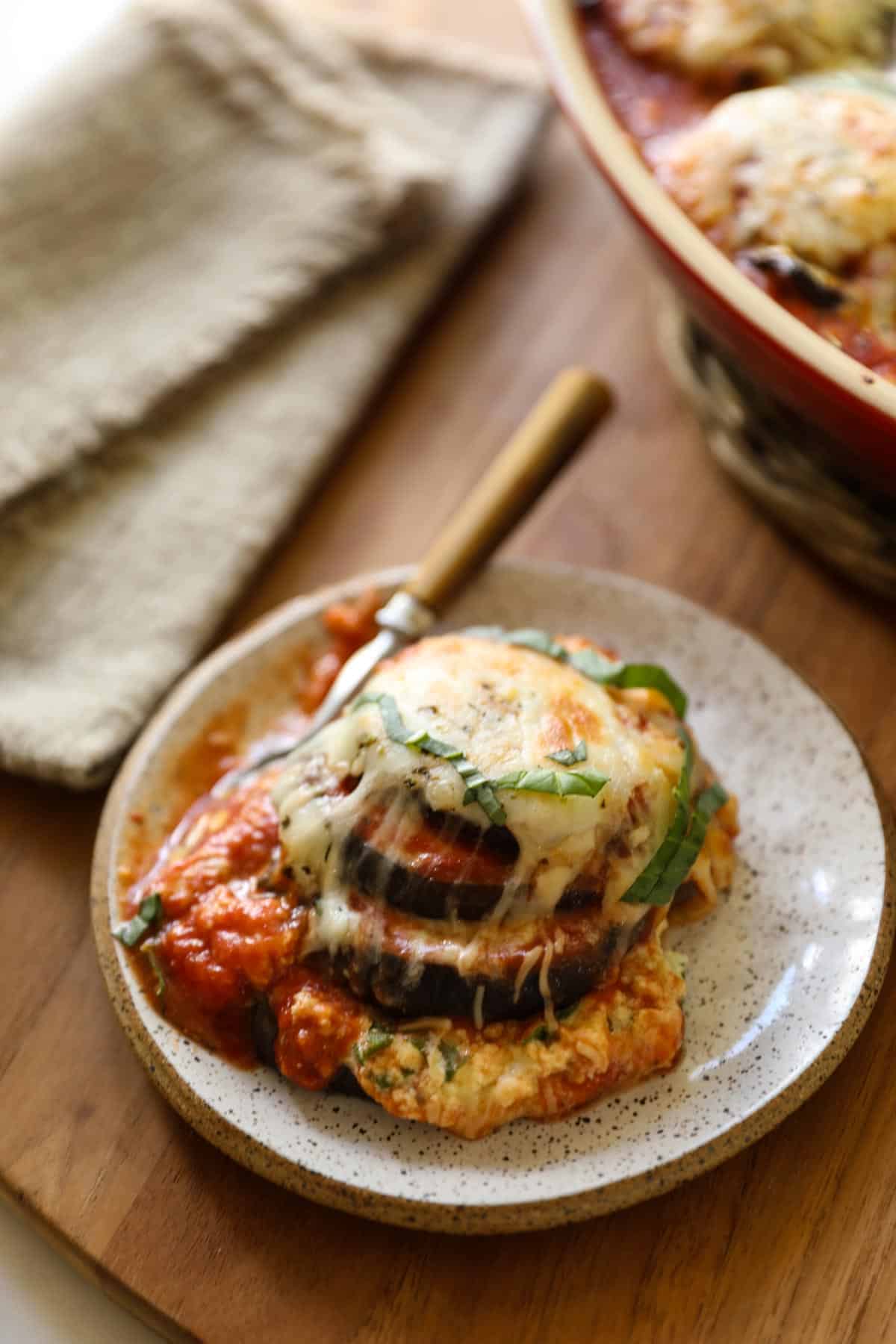 eggplant lasagna on a plate with fork