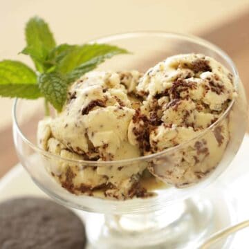 mint chocolate chip ice cream served in a large clear bowl with fresh mint leaves and chocolate wafers on the side