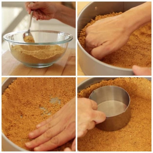 A collage showing steps needed to make a graham cracker crust from mixing in a bowl to pressing crumbs into a pan with a measuring cup