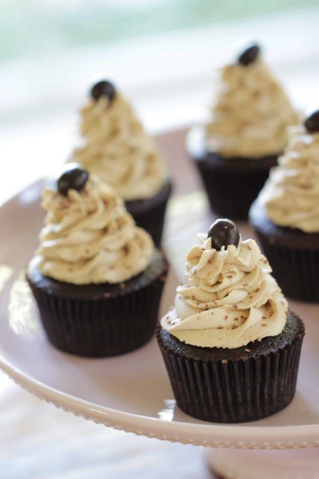 Cafe Mocha Cupcake served on a pink cake stand