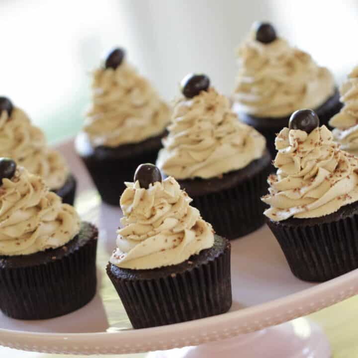 Cafe Mocha Cupcakes topped with espresso bean garnishes on a pink cakestand