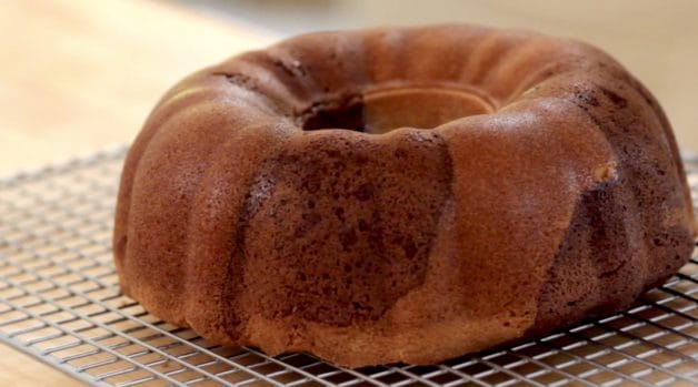 Baked Chocolate Vanilla Marble Cake on a cooling rack