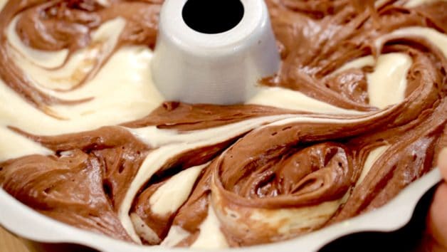 Swirling batter for a Chocolate Vanilla Marble Cake