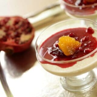 Panna Cotta Recipe with Cranberry Compote on a silver serving tray