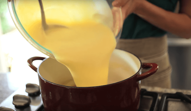 potato leek soup (no cream) recipe being poured back into a pot