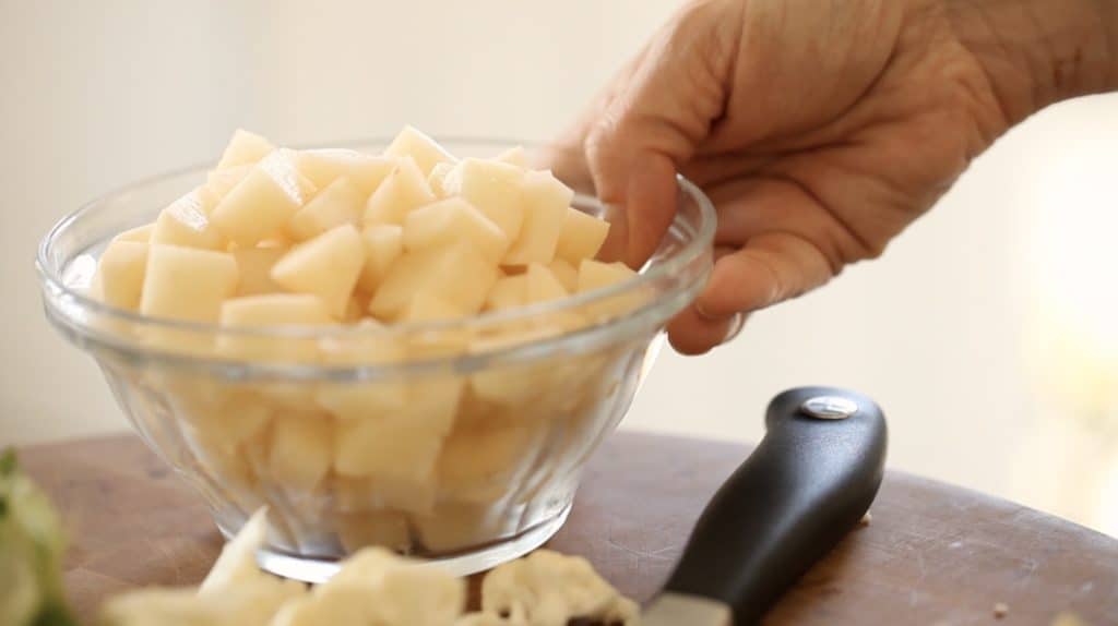 diced potatoes in a clear bowl