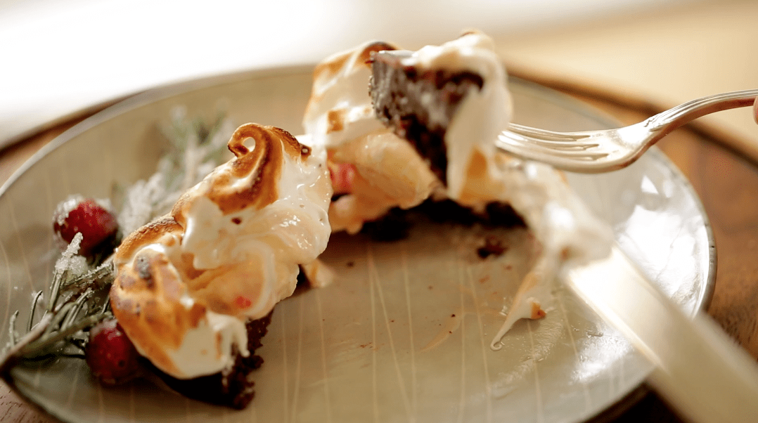 Holiday Baked Alaska split open showing combination of textures and flavors 