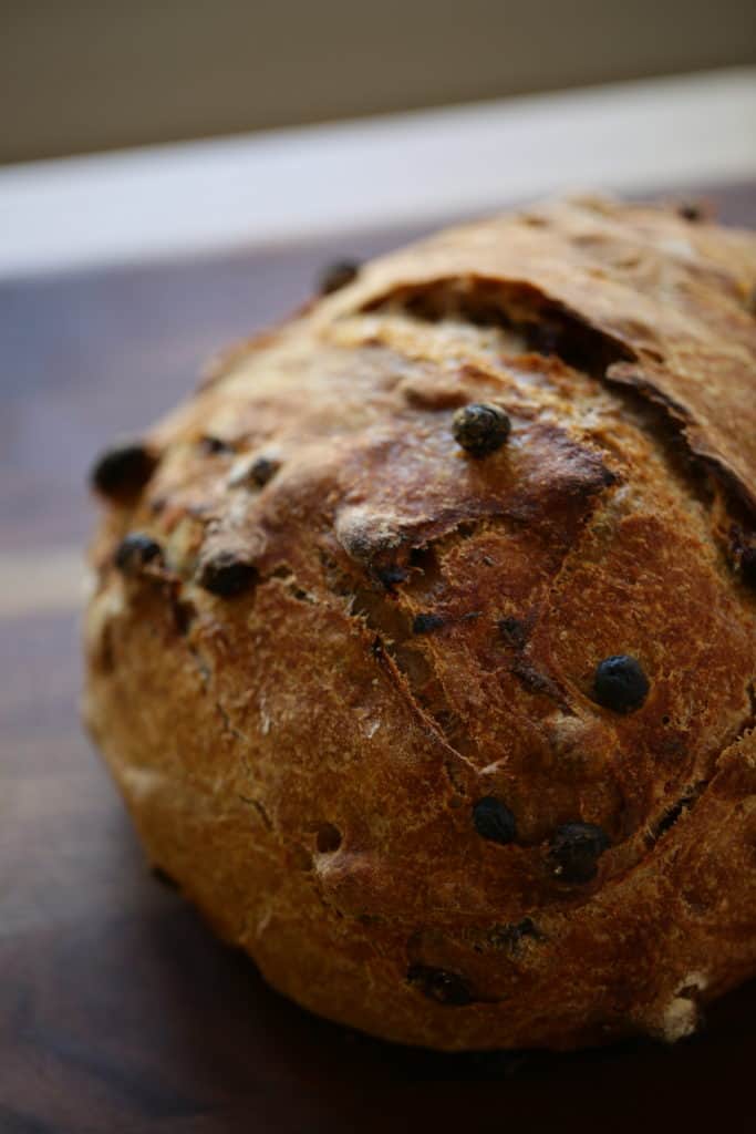 A close up showing the texture of the top of a cinnamon bread loaf