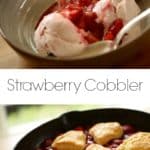 strawberry cobbler recipe served in a large bowl with strawberry ice cream