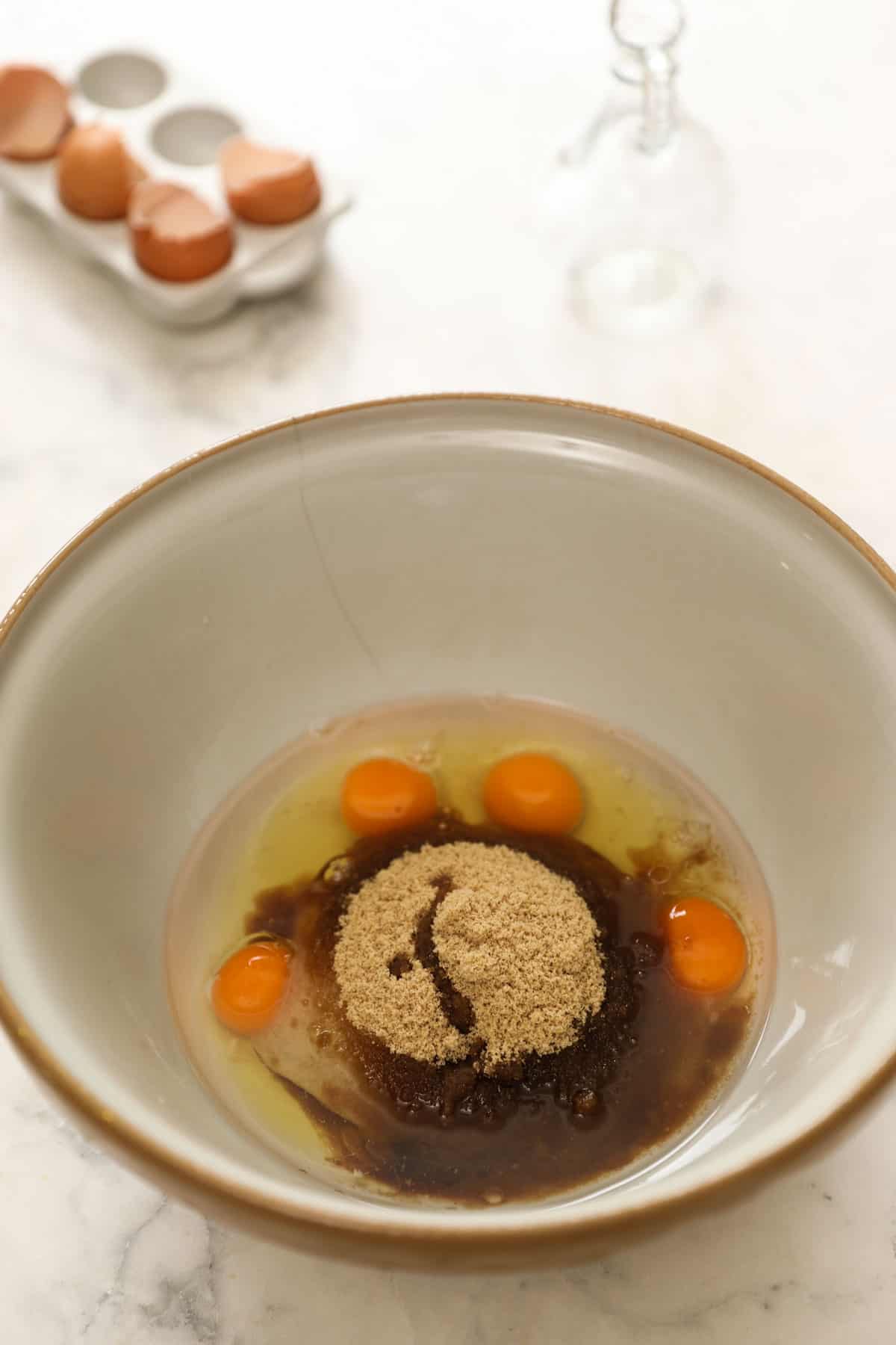 wet ingredients for cake batter in a bowl