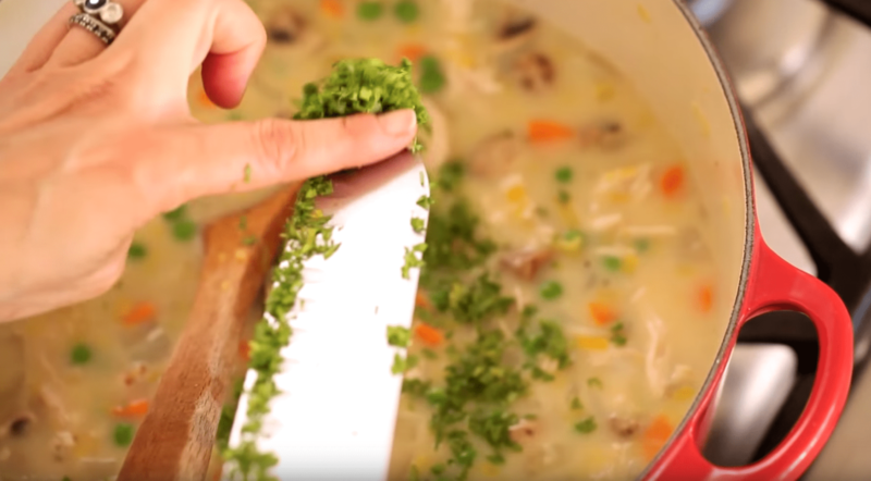 Adding fresh herbs to a chicken pot pie soup