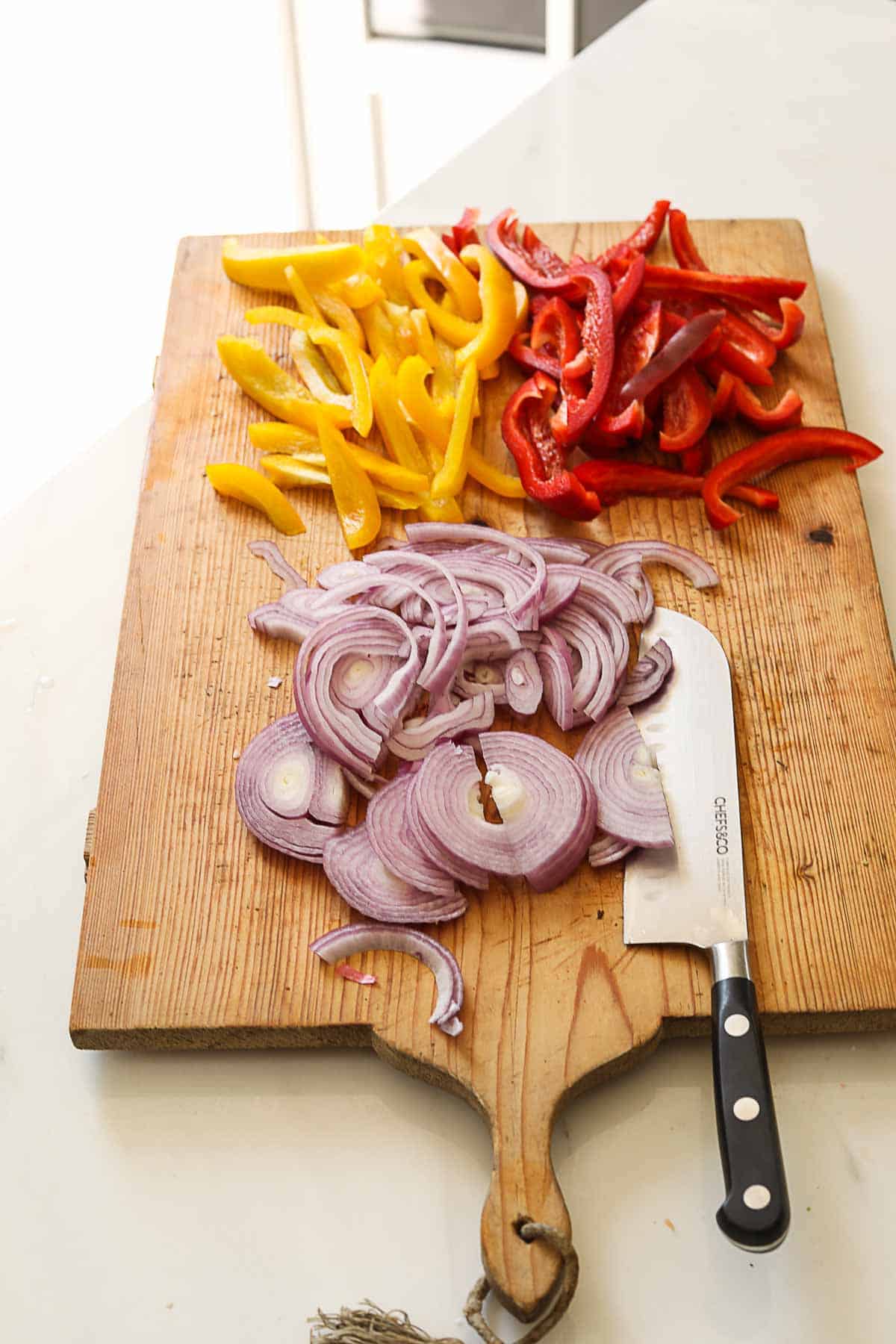 Sliced onions and peppers.
