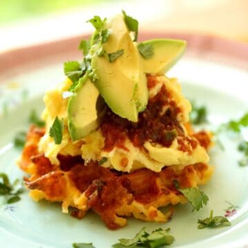Hashbrown Waffles with Scrambled Eggs on top