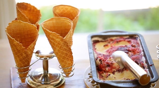 Homemade Waffle Cones in a holder with red white and blue ice cream 