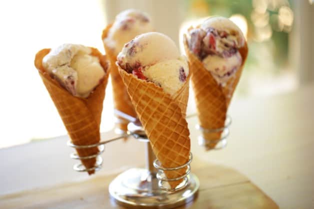 Homemade Waffle Cones in a holder with with Red White and Blue Ice Cream