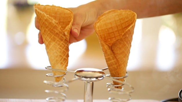Homemade waffle cone in stand