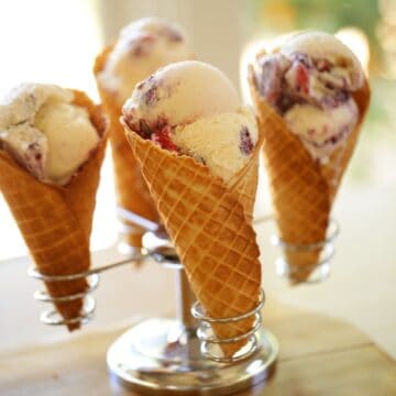 Homemade Waffle Cones in Waffle Cone Holder with Ice Cream