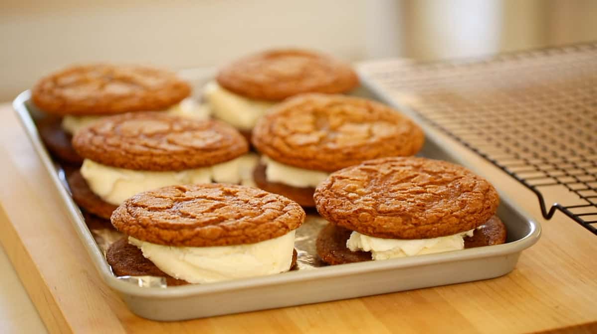 a tray of Ice Cream Sandwiches assembled and ready for the freezer