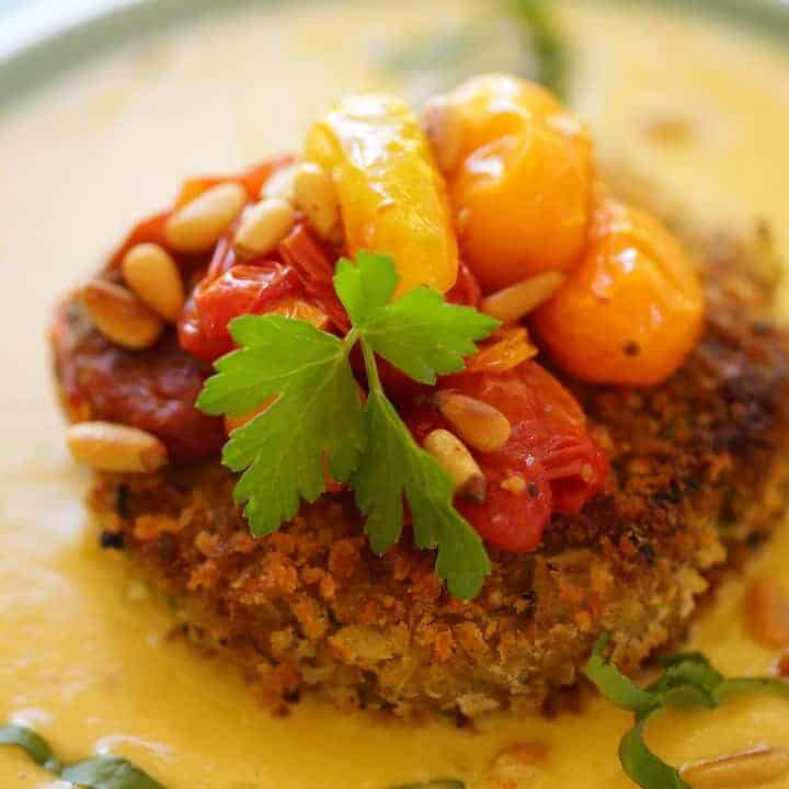 Vegan Quinoa Cakes with Corn Puree and Roasted Tomatoes