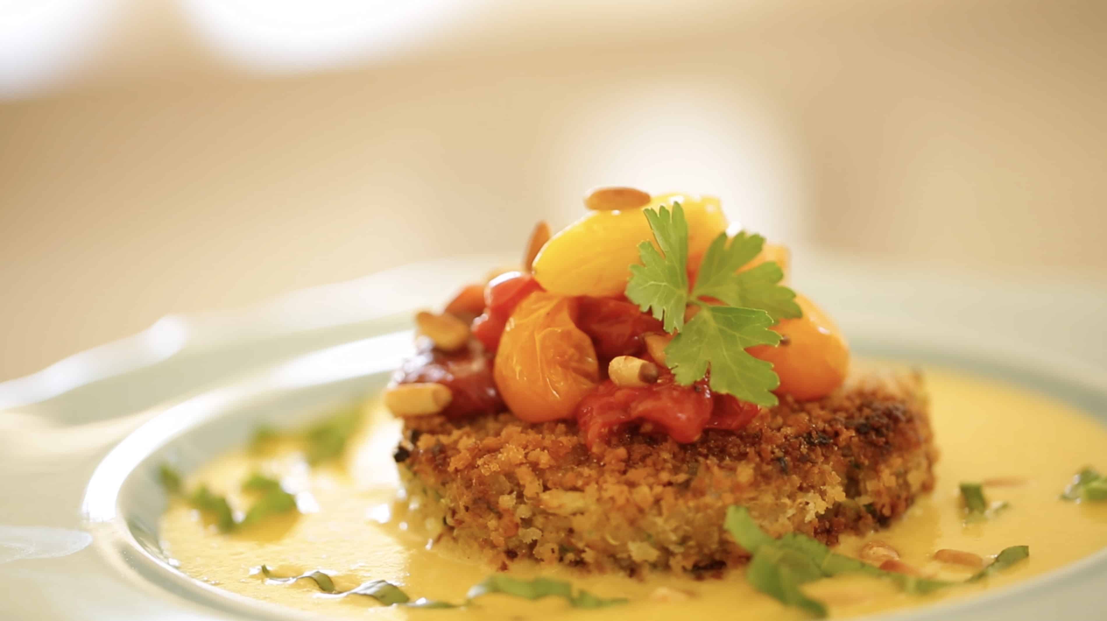 Vegan Quinoa Cakes with Corn Puree and Roasted Tomatoes