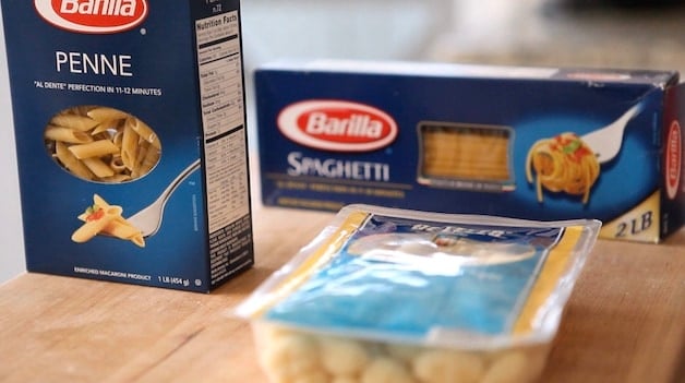 a box of penne, spaghetti and gnocchi pasta