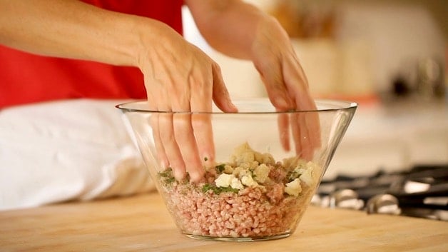 Hands mixing ground pork, bread, herbs and spices in a clear bowl