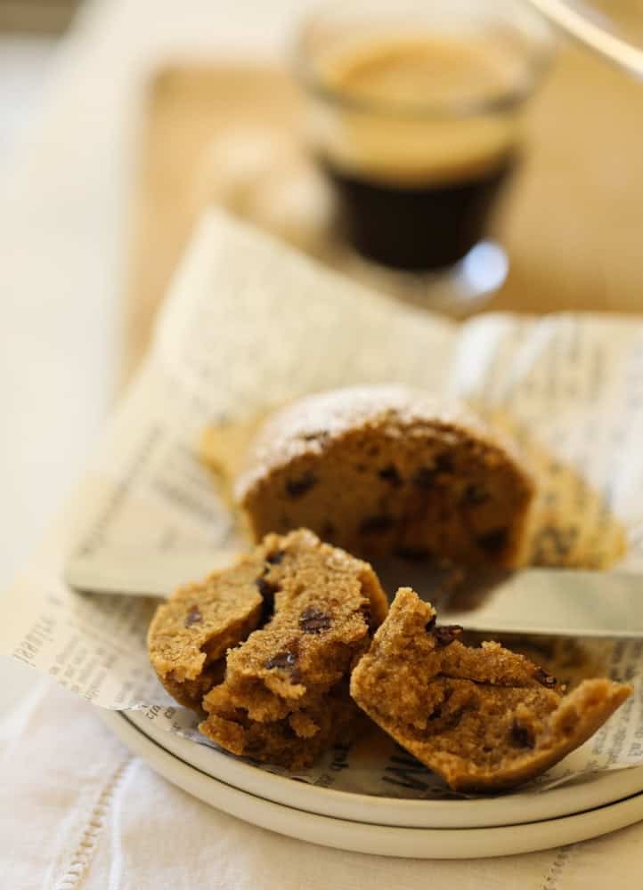 a cappuccino muffin cut in half to show the texture.