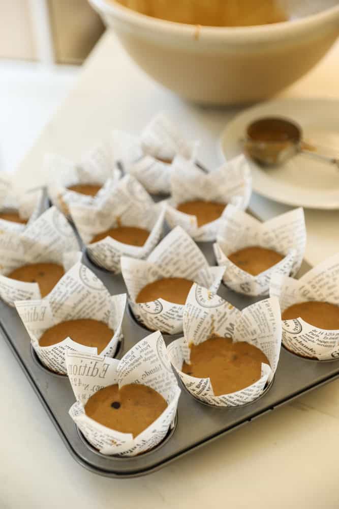Muffin papers filled with batter ready for the oven.
