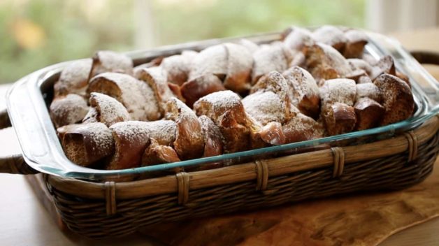 Gingerbread French Toast Casserole served in a basket