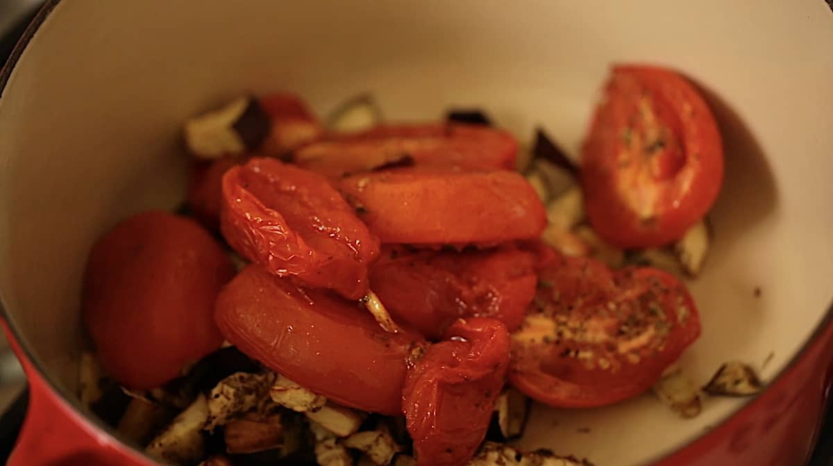 roasted tomatoes and eggplant in a pot