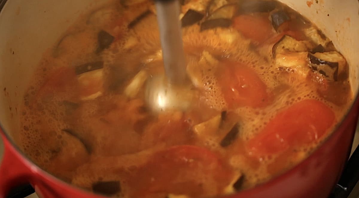 Immersion Blender blending tomato and eggplant soup