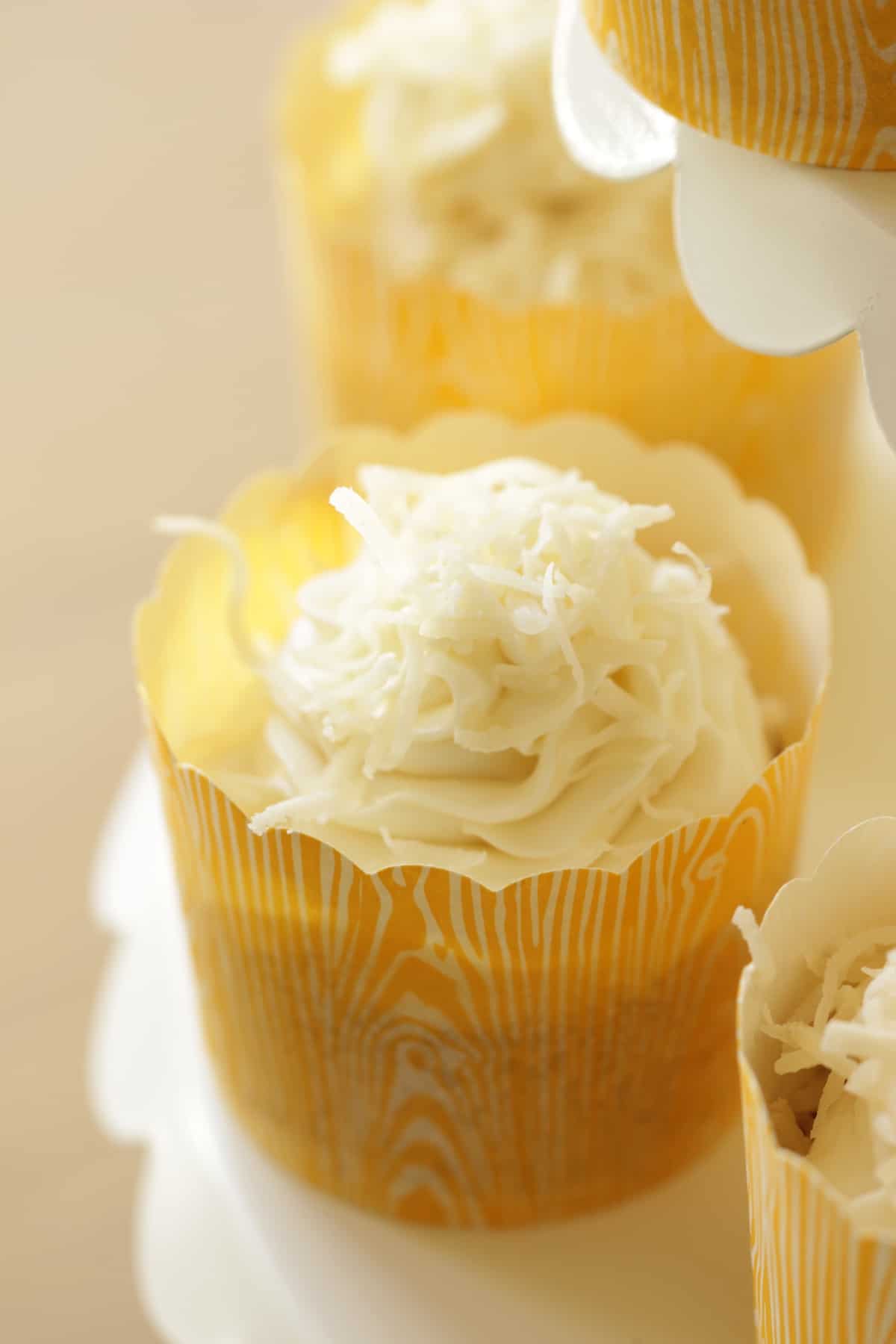 Coconut Cupcakes with vanilla frosting and shredded coconut on top