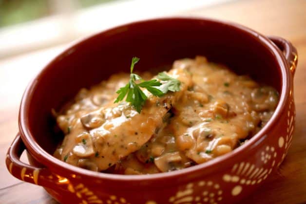 White Wine Chicken Recipe served in a terra cotta dish