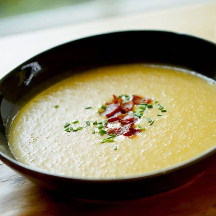 Potato Cheddar Bacon Soup in a Black Bowl