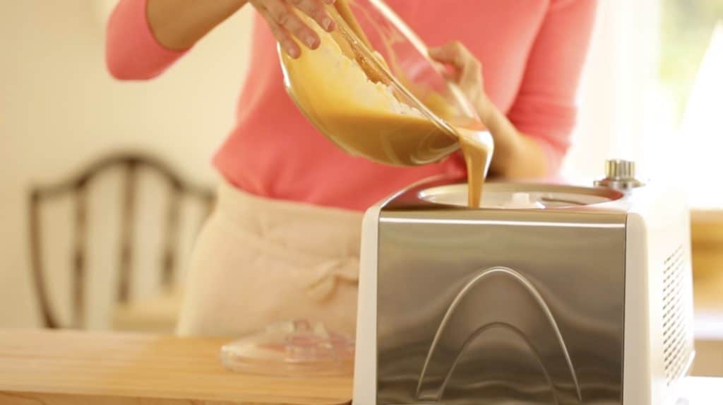 Salted Caramel Ice Cream base going into Ice Cream Machine