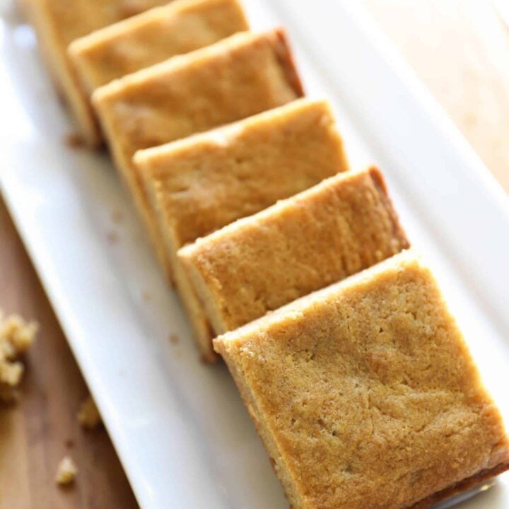 Butterscotch Blondies sliced on a rectangular plate