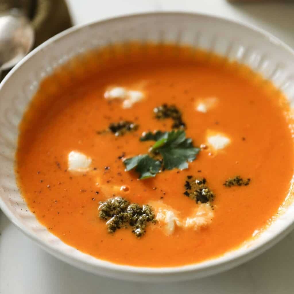 Roasted Pepper and Tomato Soup in a white bowl