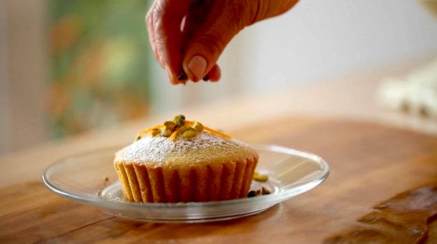 Topping Pistachio Olive Oil Cakes with Garnishes