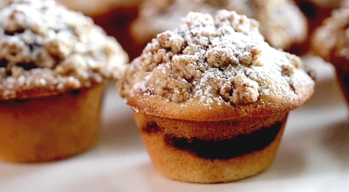 Close up of a coffee cake muffin on a cake stand showing coffee swirl