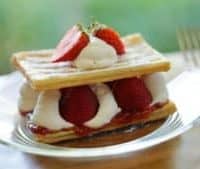 2-layer strawberry napoleon on a glass plate with fork